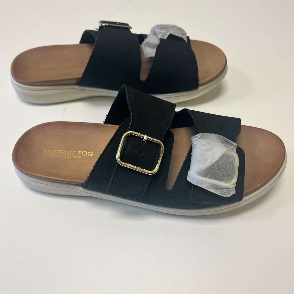 London Fog Black Sandals with Gold Buckle